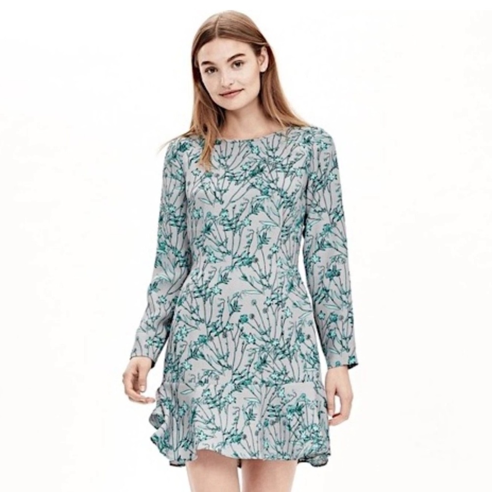 Banana Republic Floral Long Sleeve Dress - White and Blue